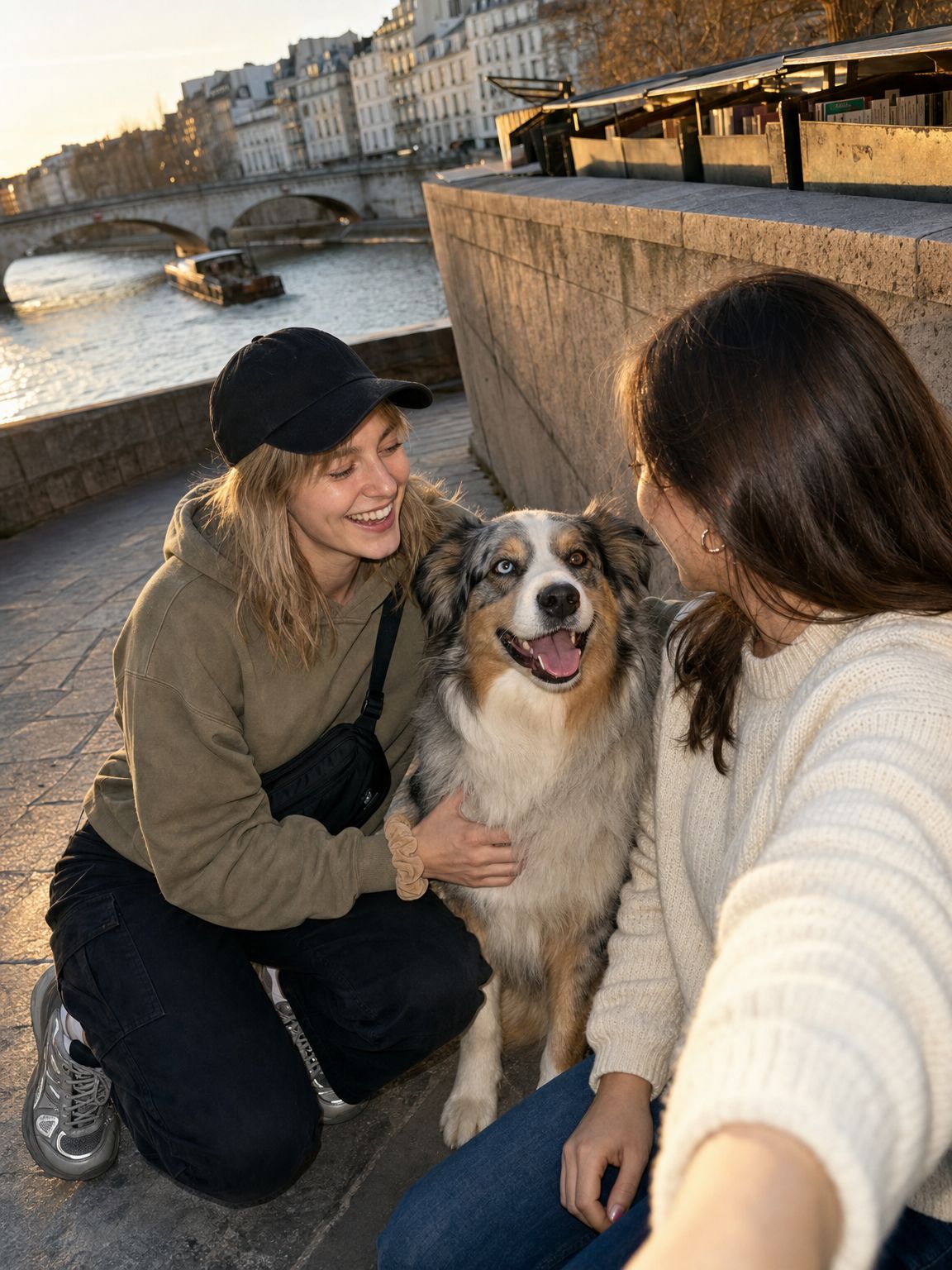 Deux amies et un berger australien sur le quai de Seine à Paris.