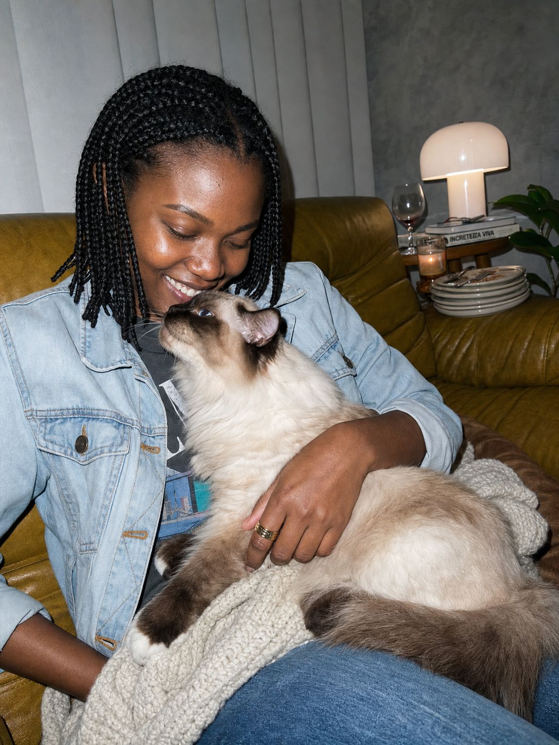 Une parente câline son chat ragdoll sur le canapé.