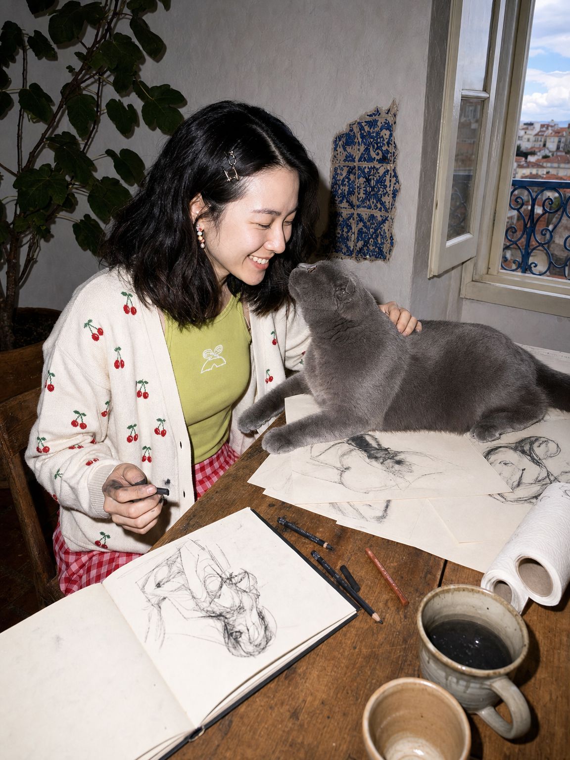 Une parente sourit à son british shorthair pendant qu'elle dessine.